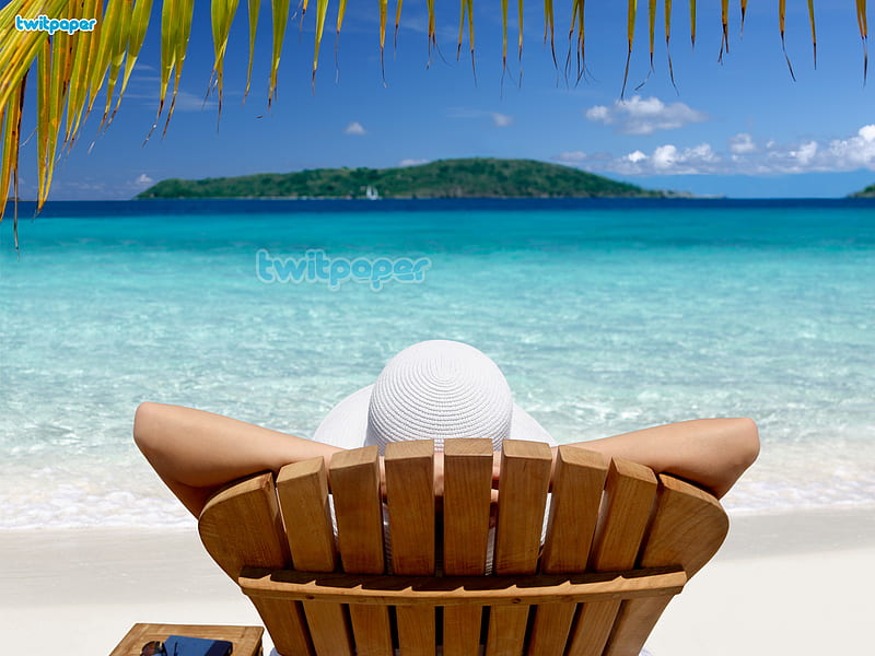 Just Kicking Back, beach chair, lady, palm tree, ocean, HD wallpaper