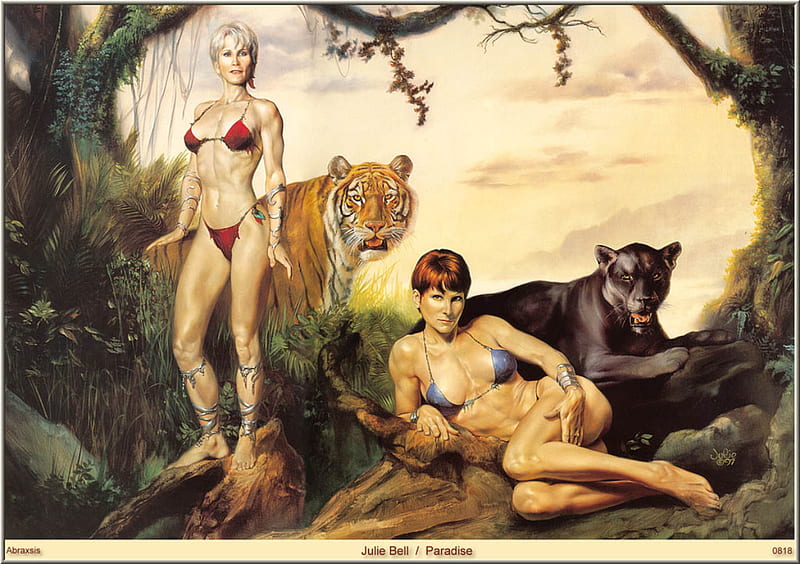 Cat-astrophe, toned, body builder, tiger, trees, woman, panther, bikini, log, fantasy, muscles, HD wallpaper
