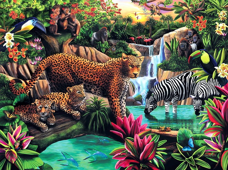 In the Jungle, leopard, monkeys, artwork, tucan, painting, waterfall, flowers, cubs, zebra, HD wallpaper