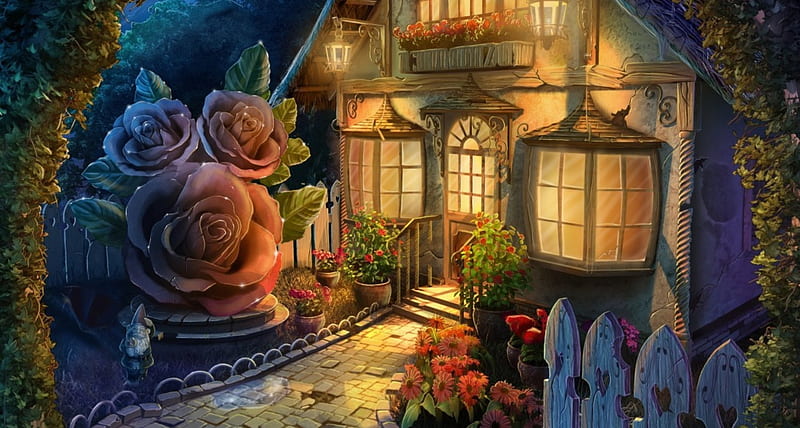 Fairy House, art, original, house, lights, fantasy, flower, garden, fairy, night, HD wallpaper