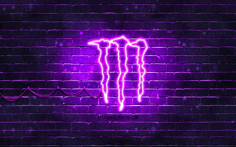 Monster Energy violet logo violet brickwall, Monster Energy logo, drinks brands, Monster Energy neon logo, Monster Energy, HD wallpaper