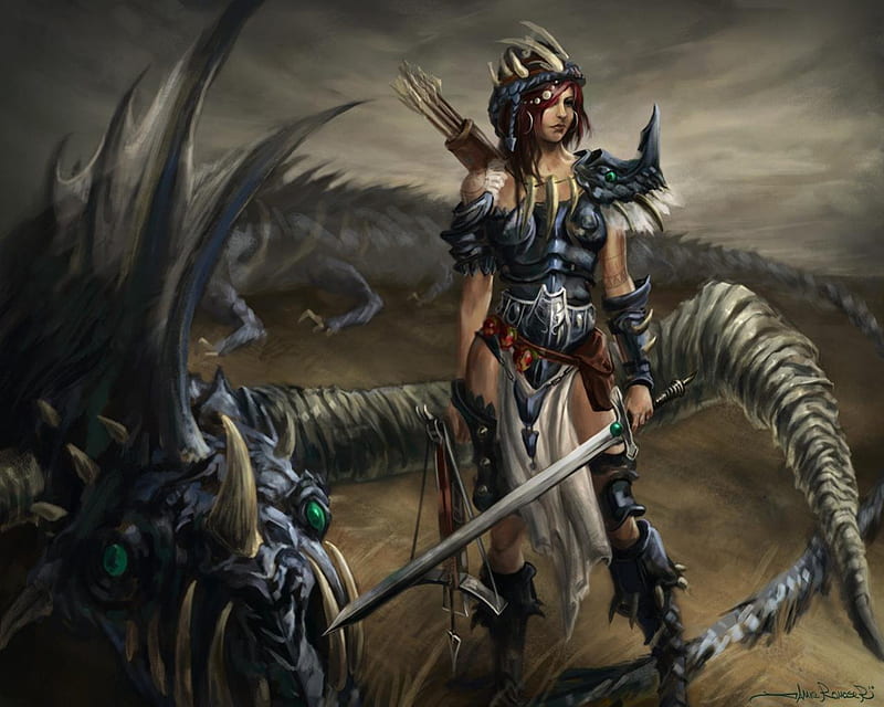 Dragon Slayer, Dragon, Crossbow, Sword, Woman, Fantasy, HD wallpaper