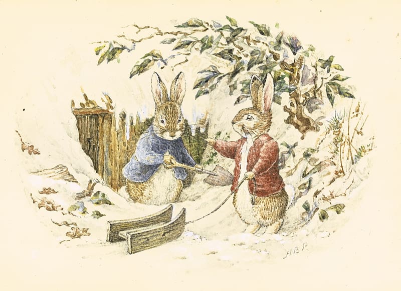 :), rabbit, beatrix potter, winter, art, illustration, bunny, sleigh, fantasy, iarna, snow, couple, draw, HD wallpaper