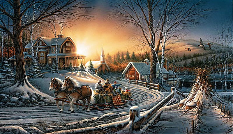 Sleighride in Winterland, sleigh, sun, cottages, snow, painting, trees, horses, landscape, HD wallpaper