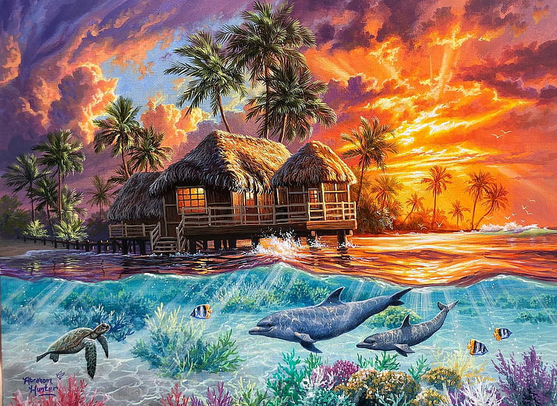 Weekend In Paradise, sunset, turtle, cabin, clouds, palms, underwater, fish, colors, artwork, dolphins, painting, HD wallpaper