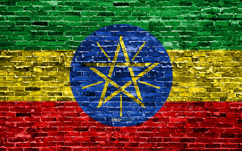Ethiopian flag, bricks texture, Africa, national symbols, Flag of Ethiopia, brickwall, Ethiopia 3D flag, African countries, Ethiopia, HD wallpaper