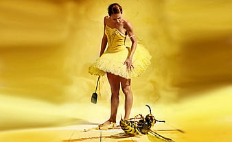 Killer Bee, dress, model, yellow, abstract, woman, animal, bee, nice, girl, insect, funny, HD wallpaper Killer Bee, dress, model, yellow, abstract, woman, animal, bee, nice, girl, insect, funny, HD wallpaper