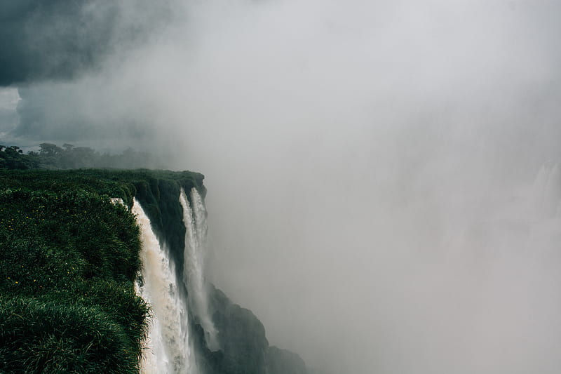 waterfall, fog, cliff, grass, greens, HD wallpaper