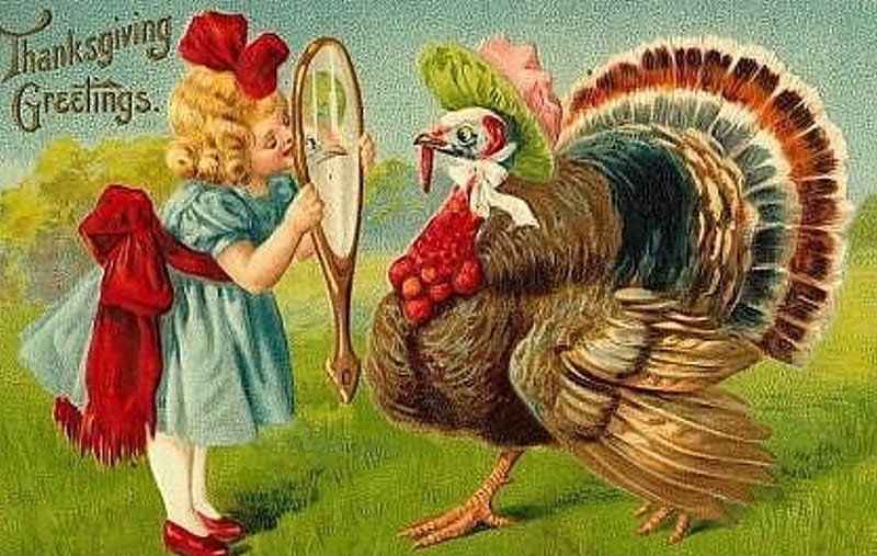 Thanksgiving Greetings, girl, turkey, painting, artwork, vintage, HD wallpaper