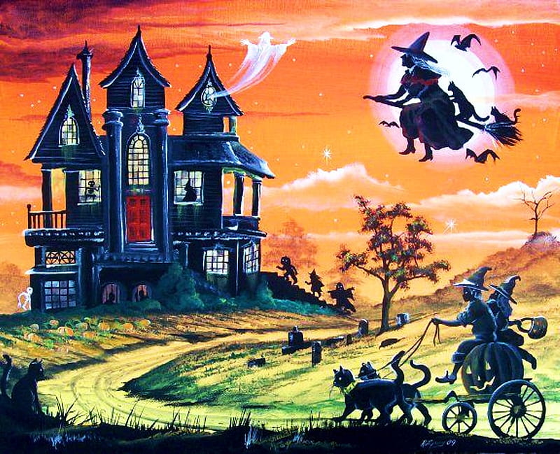 Happy Halloween, witch, house, path, coach, artwork, broom, HD wallpaper