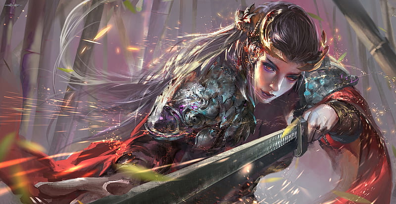 Warrior girl, armor, fantasy, warrior, frumusete, girl, dddd58246, peng jian, sword, luminos, HD wallpaper