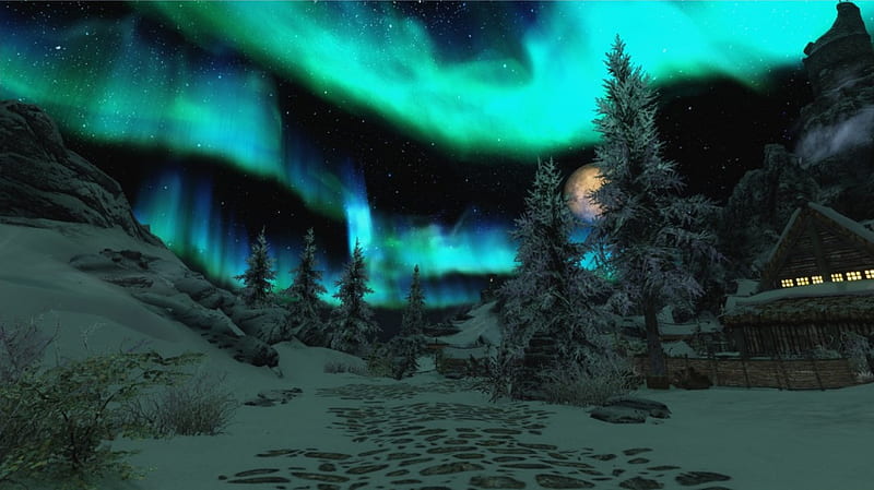 Skyrim Aurora, aurora, nature, bonito, skyrim, scenery, landscape, HD wallpaper