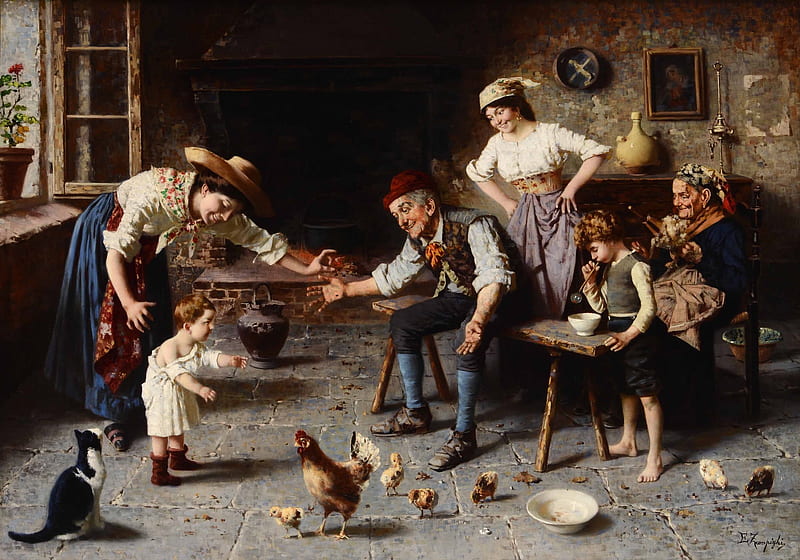 In the kitchen, people, family, art, eugenio zampighi, painting, kitchen, pictura, HD wallpaper