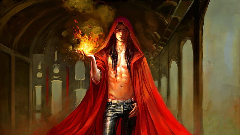 Flame, fire, fantasy, dark, magic, man, HD wallpaper