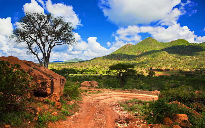 Kenya, mountain landscape, summer, evening, sunset, mountain road, brown rocks, Africa, HD wallpaper
