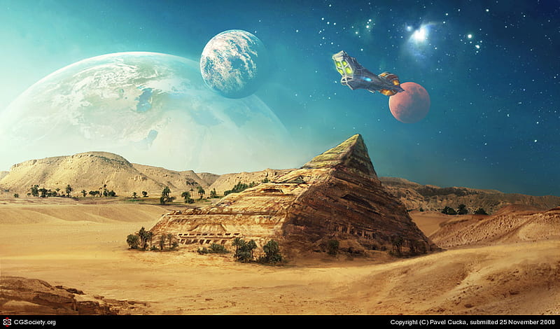 Desert Planet vista, moon, desert, ship, nebula, pyramid, HD wallpaper