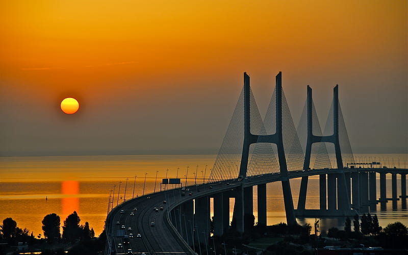 Sunrise in Lisbon, Portugal, sunrise, bridge, Portugal, Lisbon, sea, HD wallpaper