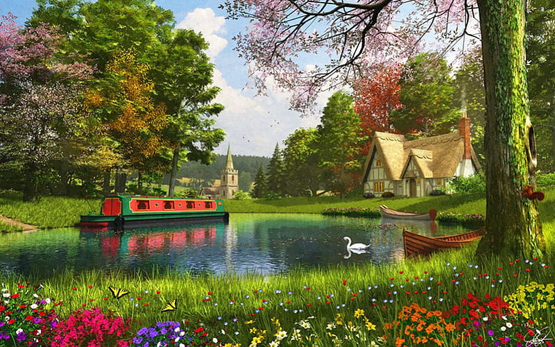 The valley cottage, pretty, house, bonito, swan, valley, countryside, painting, flowers, art, forest, lovely, greenery, lake, pond, water, peaceful, summer, nature, HD wallpaper