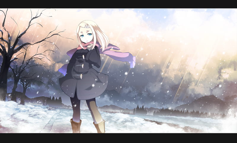 Winter, blonde hair, bonito, trees, sky, asakura masatoki, girl, anime ...