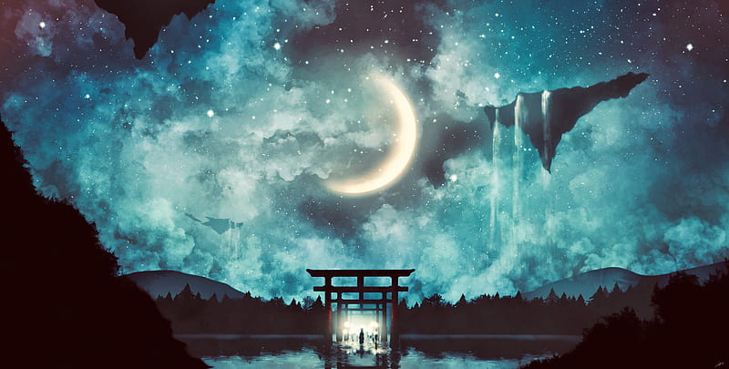 Anime, Original, Moon, Night, Sky, Starry Sky, HD wallpaper