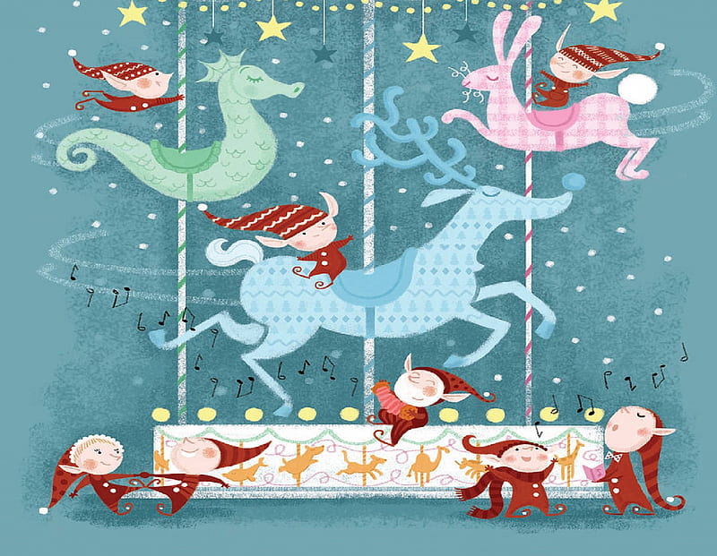 Christmas Elves, reindeer, christmas, elves, merry go round, HD wallpaper