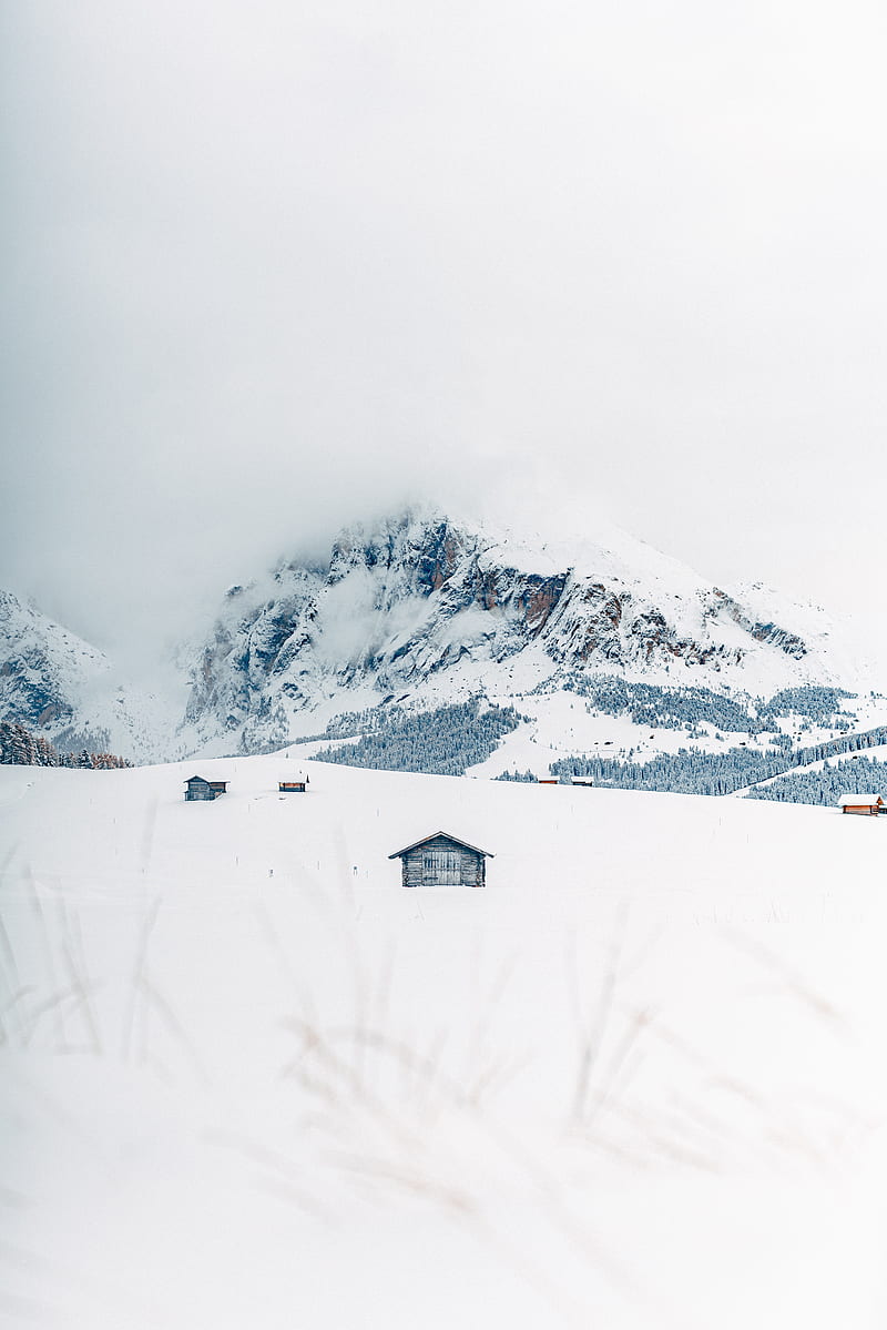 mountains, snow, houses, winter, landscape, HD phone wallpaper
