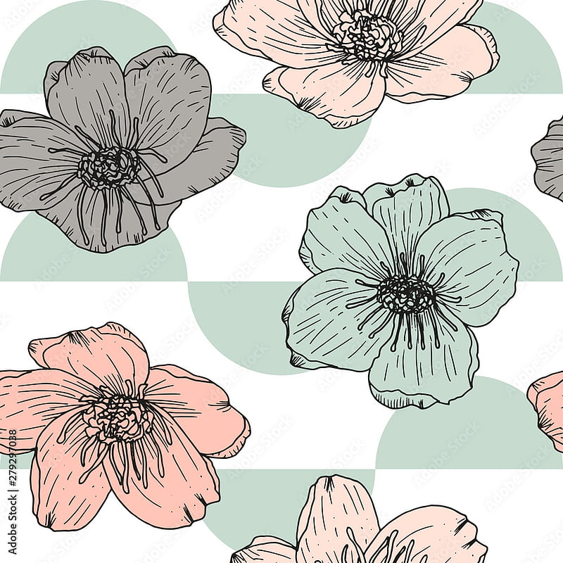 Stylized anemone or poppies flowers, vector seamless pattern. Hand drawn floral background in retro pastel colores and geometric shapes. Stock Vector, HD phone wallpaper