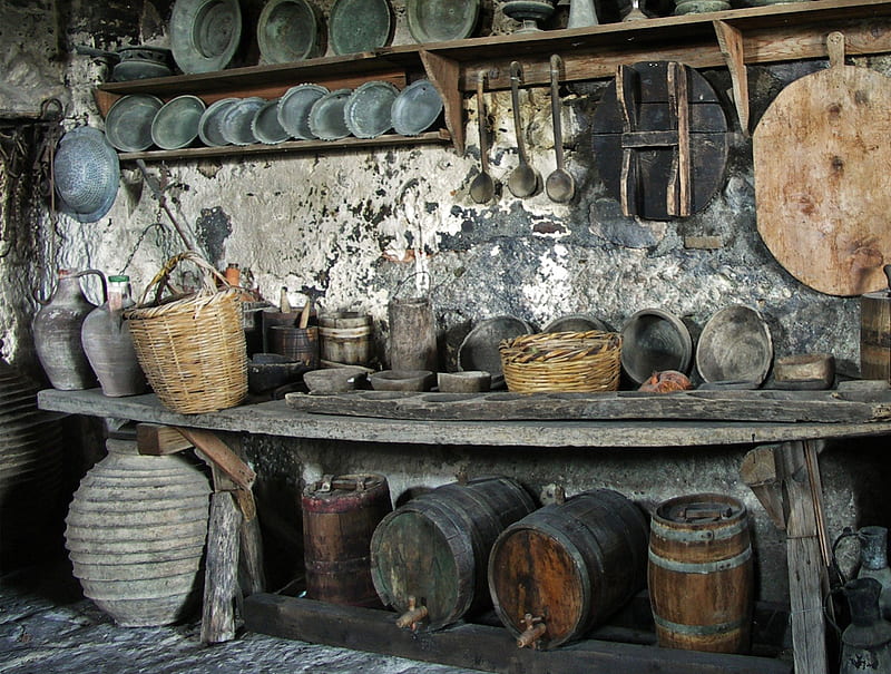 Old Kitchen, barrel, barrels, kitchen, old, HD wallpaper