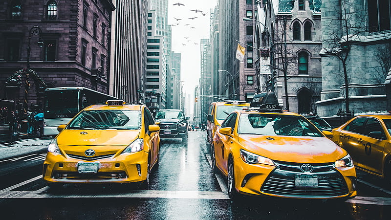 New York Taxi Wet Roads Tall Buildings , new-york, taxi, world, buildings, road, city, cab, graphy, HD wallpaper