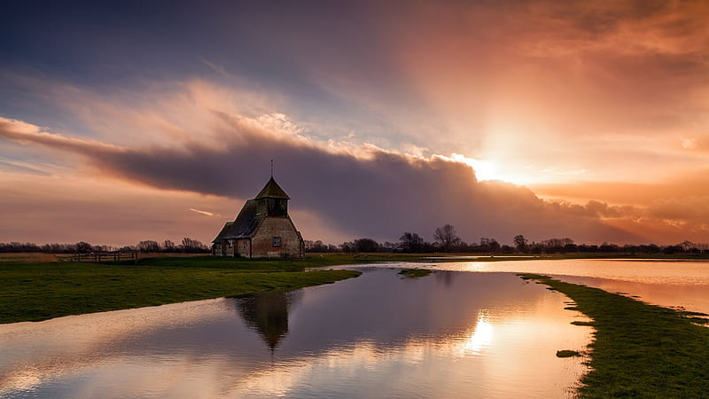 church of st thomas a becket in kent england, grass, river, sunset, church, clouds, HD wallpaper