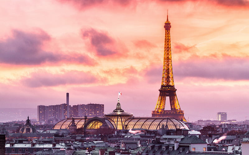 Paris, Eiffel Tower, Grand Palais, evening, sunset, Paris panorama, Paris cityscape, France, HD wallpaper