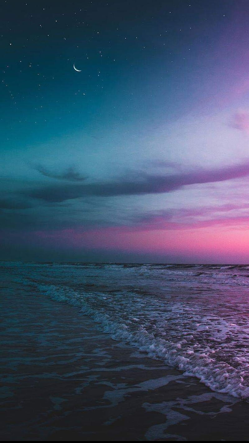 sea and stars, blue, horizon, moon, pink, sea, seaside, stars, sunset, HD phone wallpaper