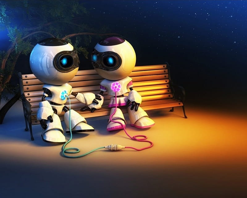 Pluged to your heart, love, sitting, white, robot, couple, night, HD wallpaper