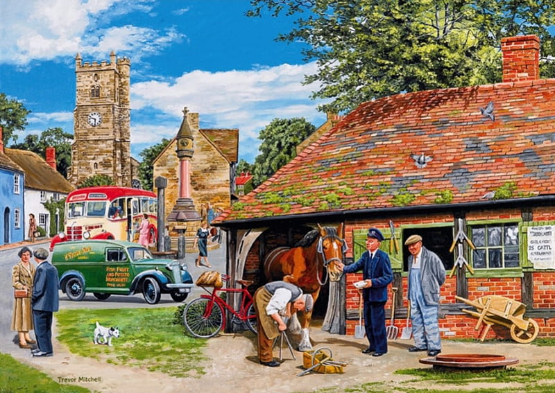 The Blacksmith, people, houses, car, village, artwork, vintage, HD wallpaper