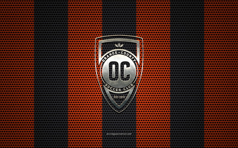 Orange County SC logo, American soccer club, metal emblem, orange-black metal mesh background, Orange County SC, USL, Orange County, California, USA, soccer, HD wallpaper