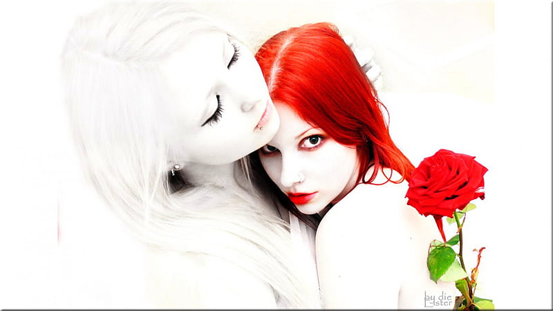 Snow White and Rose Red, rose, redhead, snow white, ginger, red head, bonito, women, fantasy, gothic, love, beauty, girls, gorgeous, rose red, lovely, fairy tale, red hair, goth, white, HD wallpaper