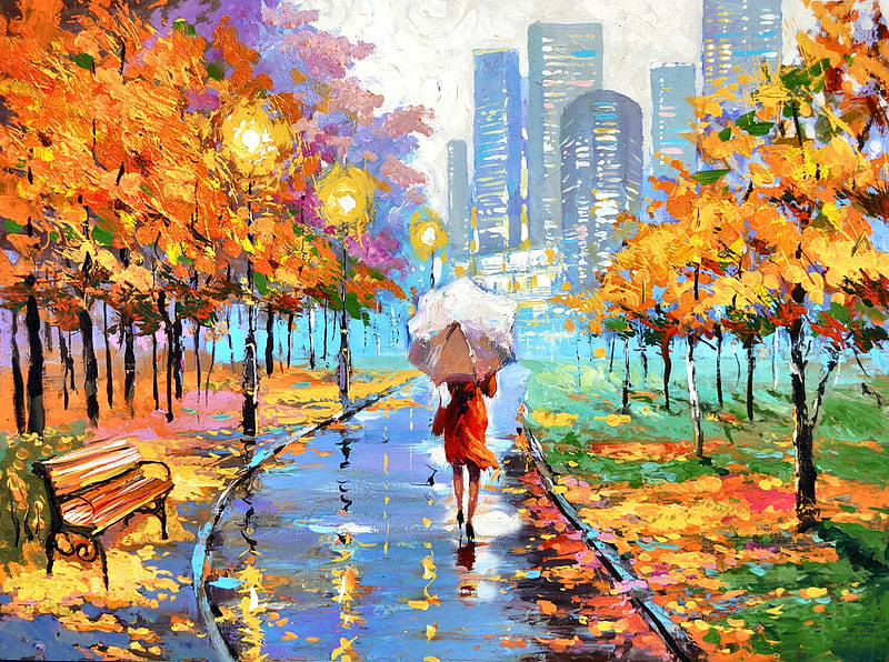 Farewell to Autumn , architecture, art, cityscape, umbrella, bonito, park, artwork, city, painting, wide screen, scenery, HD wallpaper