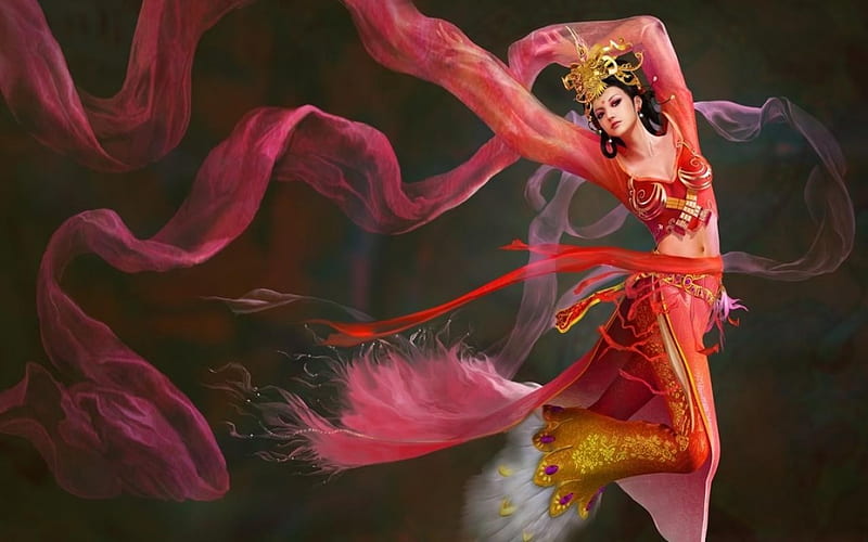 Dancer, red, art, diao chan, game, woman, fantasy, girl, scarf, asian, beauty, pink, HD wallpaper