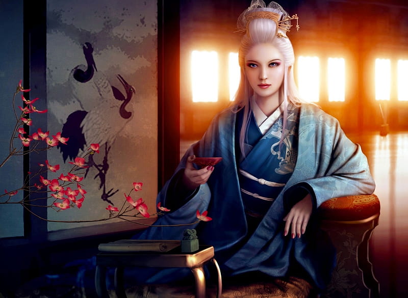Beauty, luminos, orange, woman, kimono, fantasy, girl, berry, asian, mariowibisono, princess, blue, HD wallpaper