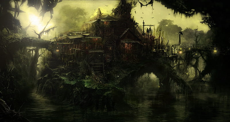 swamp house, fantasy, house jungle, birds, abstract, swamp, HD wallpaper