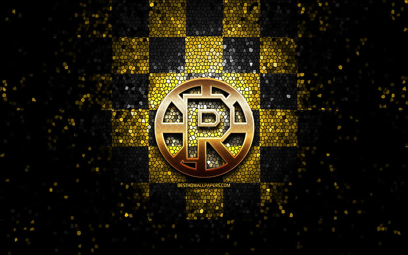 Providence Bruins, glitter logo, AHL, yellow black checkered background, USA, american hockey team, Providence Bruins logo, mosaic art, hockey, America, HD wallpaper
