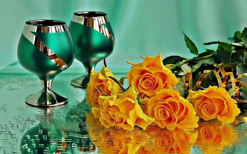 glass, yellow roses, bouquet, flowers, HD wallpaper