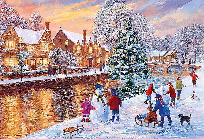 Bourton at Christmas, snow, houses, painting, village, children, river, winter, snowman, tree, people, HD wallpaper