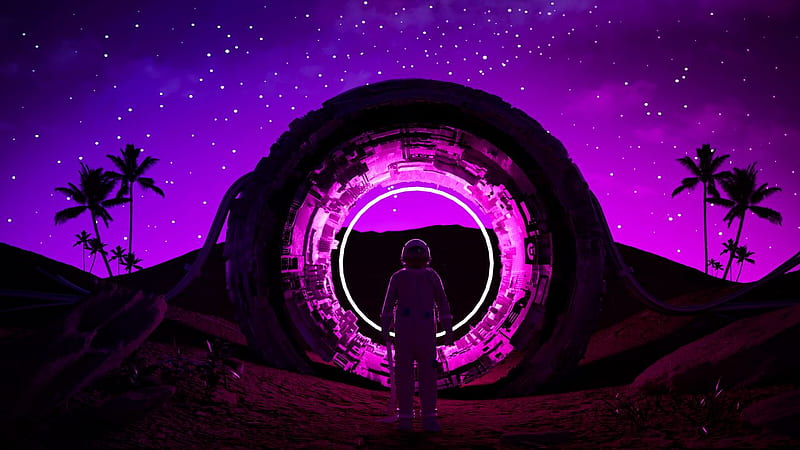 astronaut, ring, neon, glow, dark , v, background, Purple Astronaut, HD wallpaper
