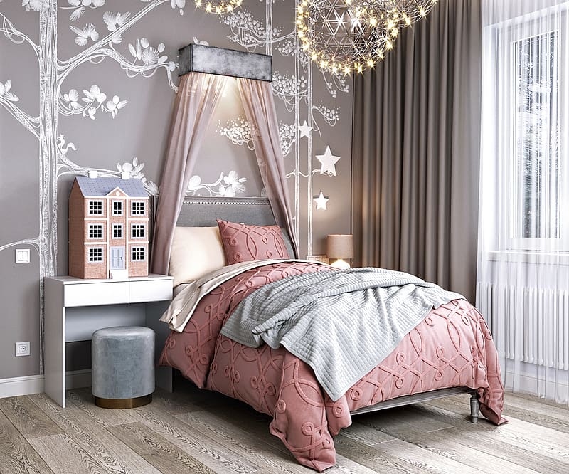 Bedroom, children, pink, furniture, bed, room, interior, child, HD wallpaper