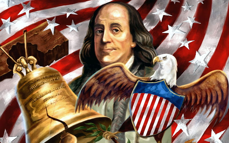 Ben Franklin US Independence Day, art, holiday, celebration, eagle, bonito, bell, illustration, artwork, painting, wide screen, occasion, 4th of July, patriotism, HD wallpaper