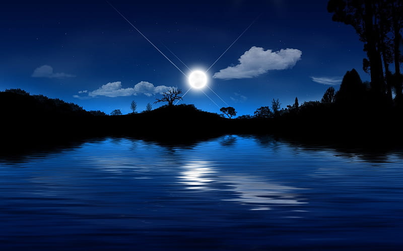 Moonlit Lake, moon, nature, reflection, trees, clouds, lake, HD wallpaper