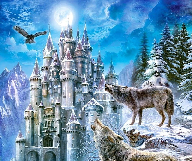 Moonlight, luminos, castorland, moon, winter, iarna, moon, fantasy, lup, wolf, white, castle, blue, HD wallpaper