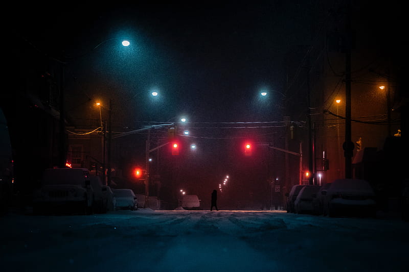 street, silhouette, dark, night, snow, HD wallpaper