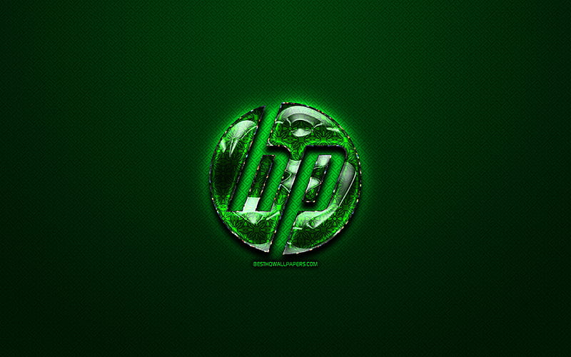 HP green logo, green vintage background, artwork, HP, Hewlett-Packard, brands, Google glass logo, creative, HP logo, HD wallpaper